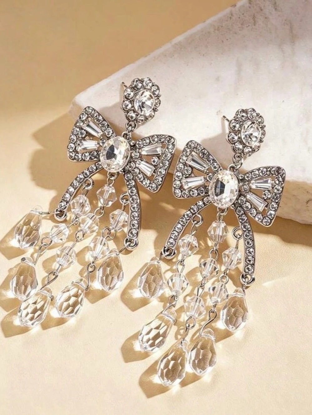 Bow Crystal Drop Earrings Silver